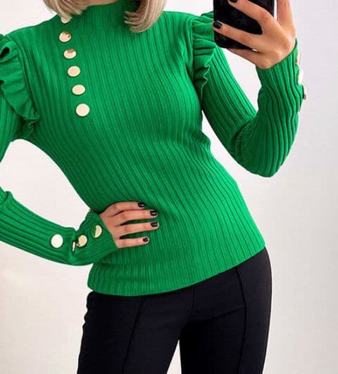 Angelina Ribbed Knitted Gold Button Jumper Green