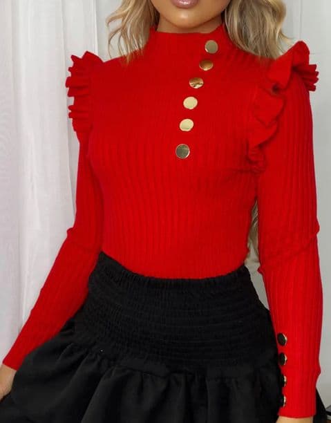 Angelina Ribbed Knitted Gold Button Jumper Red