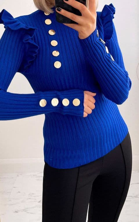 Angelina Ribbed Knitted Gold Button Jumper Royal Blue