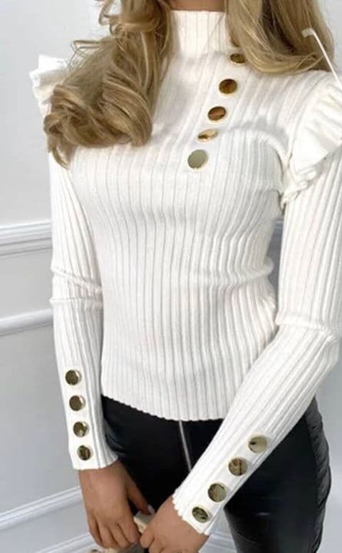 Angelina Ribbed Knitted Gold Button Jumper White
