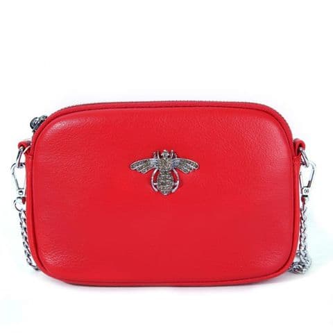 Betsy Real Leather Diamante Bee Cross Body Bag Red