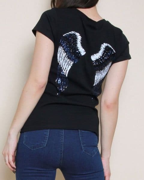 Black Sequin Angel Wing T-Shirt