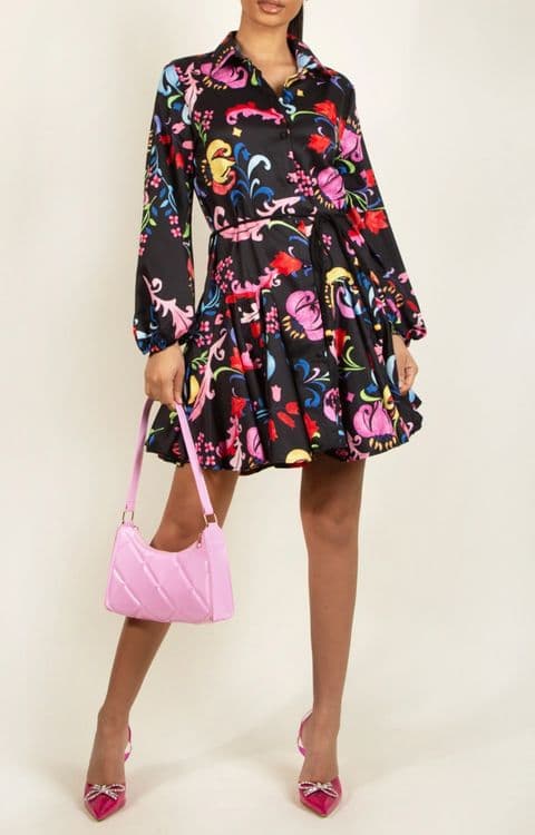 FLORAL BELTED FIT & FLARE TUNIC DRESS