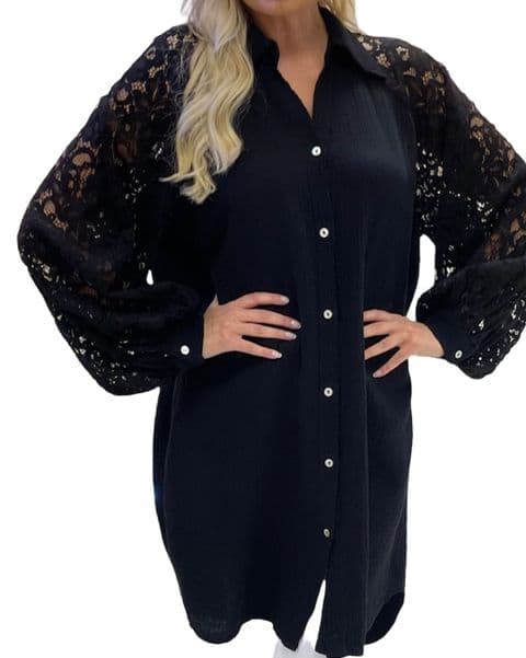Lace  Sleeve Cheesecloth Blouse Black