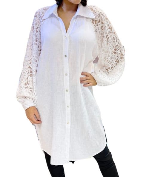 Lace  Sleeve Cheesecloth Blouse White