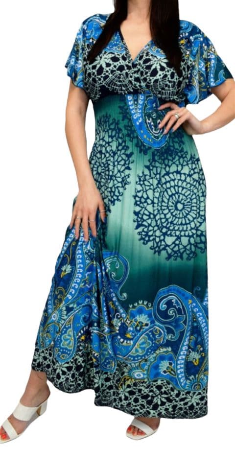 MALDIVE BLUE MULTICOLOURED SLINKY MAXI DRESS
