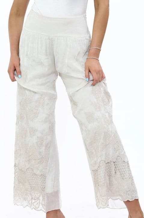 Sophena Embroidered Silk Trousers Beige
