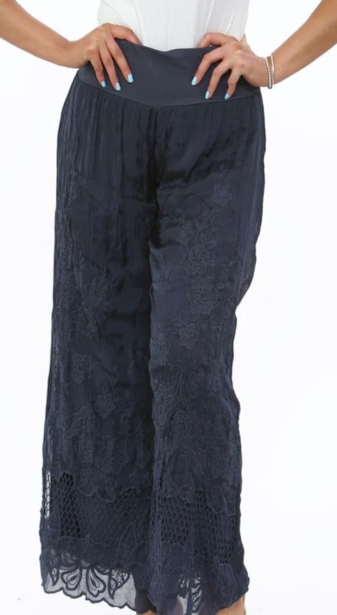 Sophena Embroidered Silk Trousers Navy