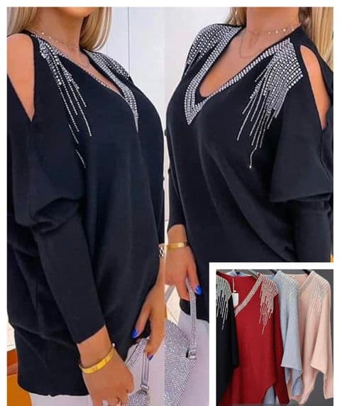 Sparkles Dripping Diamante Cold Shoulder Jumpers