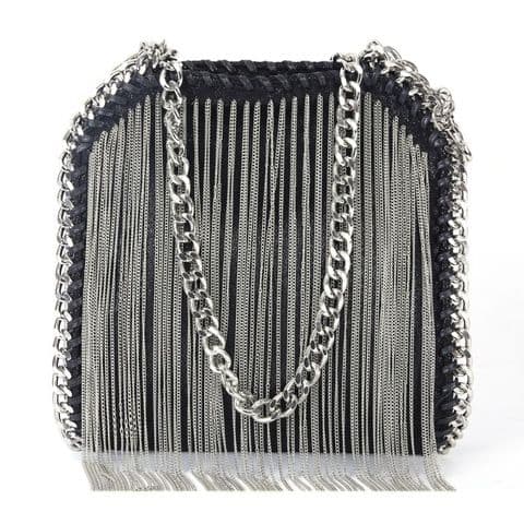 Stella Designer Inspired Silver Tassel Bag Black