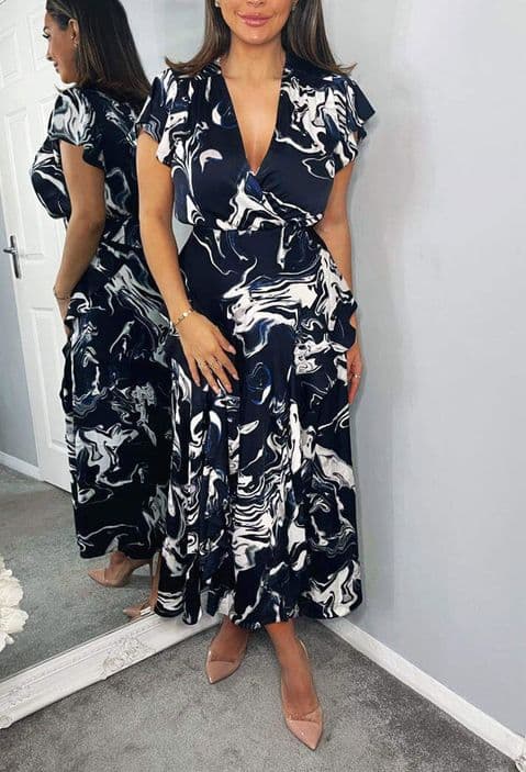 Trixy Navy Marble Print Ruffle Wrap Dress