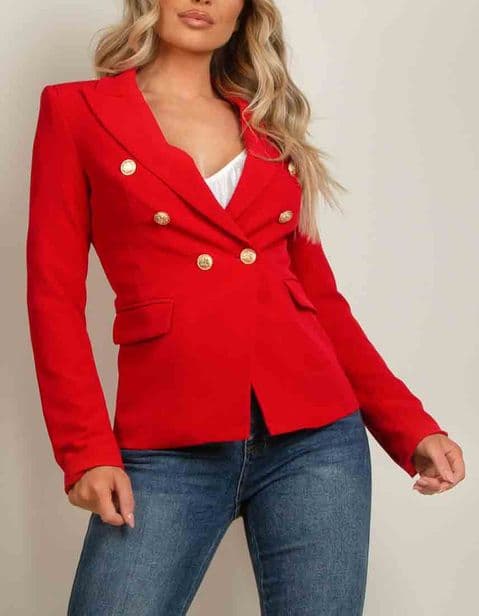 Victoria Designer Inspired Gold Button Blazer Red