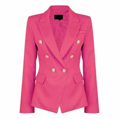 Victoria Plus Size Designer Inspired Gold Button Blazer Fushia Pink