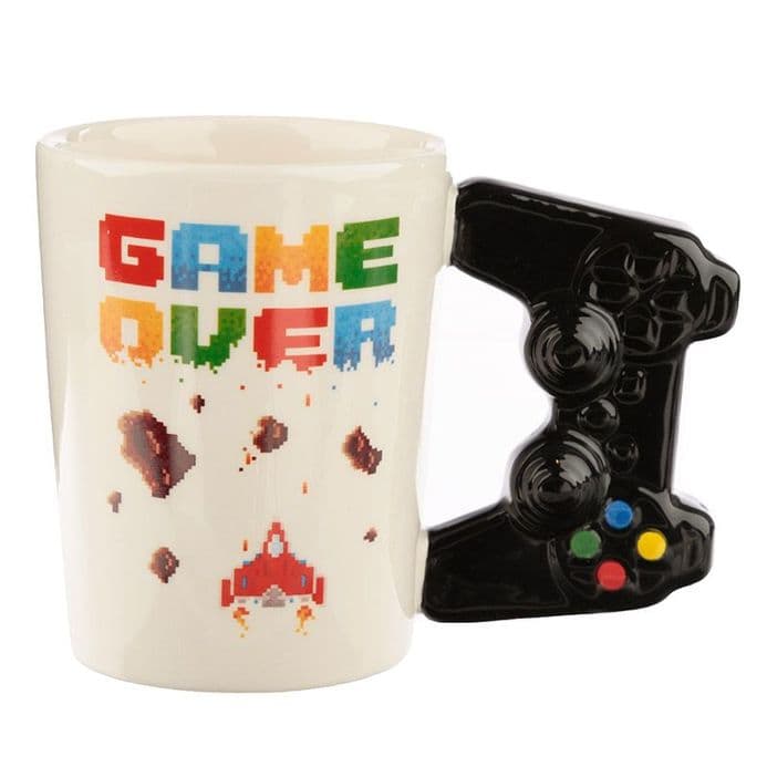 Game Over Ceramic Shaped Handle Mug with Pixel Decal