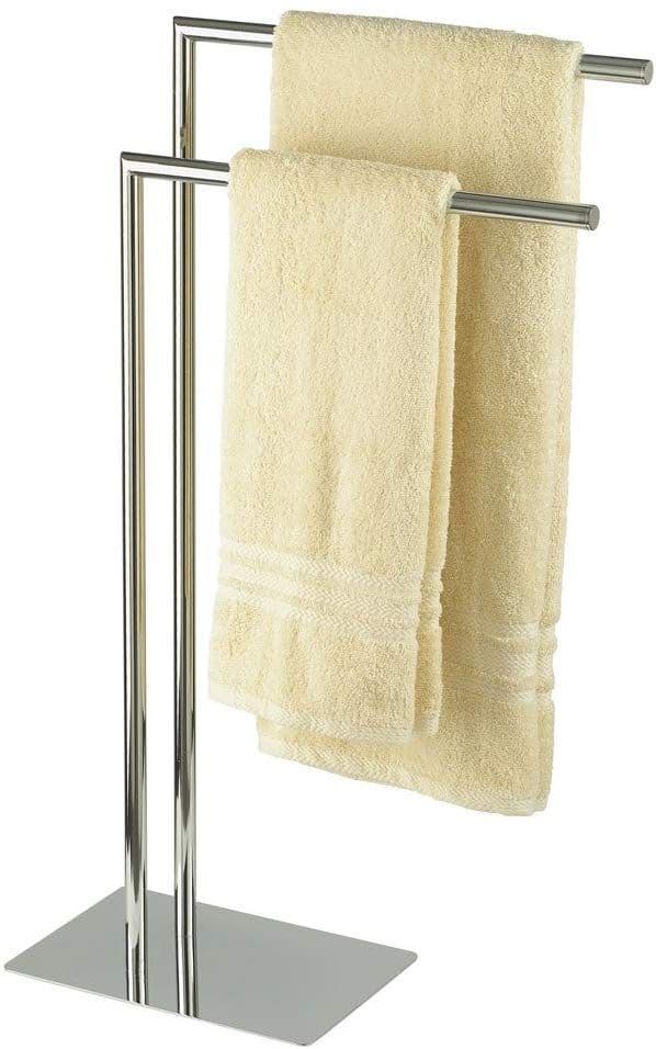 HOMEKIND® MODERN CONTEMPORARY CHROME 2 TIER FREE STANDING BATHROOM TOWEL RAIL HOLDER STAND WITH GLASS BASE 