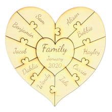 10 Names Family Heart Puzzle 20cm in 3mm thick Ply or MDF fits 3D Ribba Frame