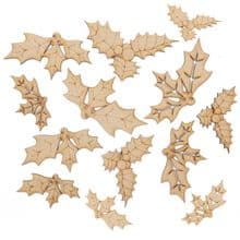 24 Wood Triple Holly Leaves with Berries, Laser Cut from 3mm MDF Mixed Sizes