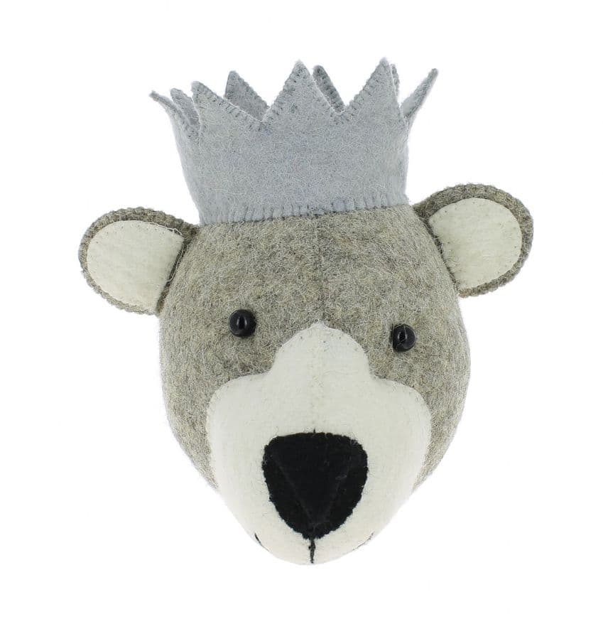 Baby bear with crown felt wall-mounted head by Fiona Walker England