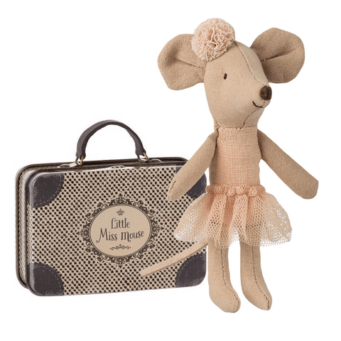 Little sister ballerina mouse in a suitcase