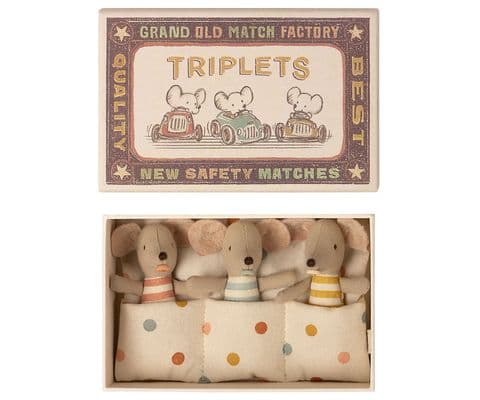 Maileg baby triplets in a matchbox