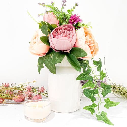 Faux Dusky Peonies And Blooms In A White Ceramic Vase