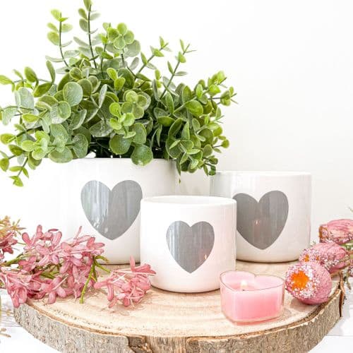 Set Of 3 White & Grey Ceramic Heart Pots