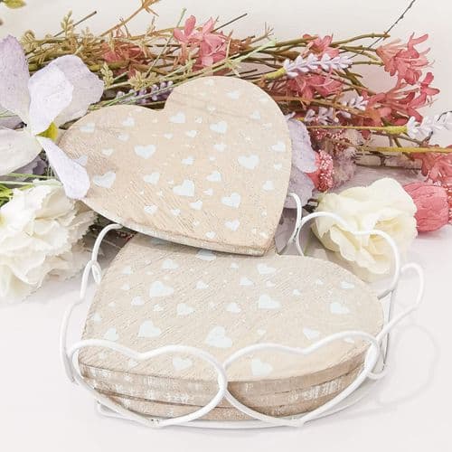 Set of 4 Heart Wooden Coasters With Basket