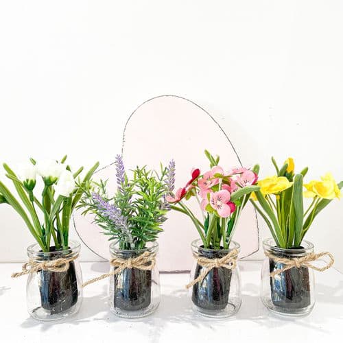 Set Of 4 Spring Flowers In Glass Pots