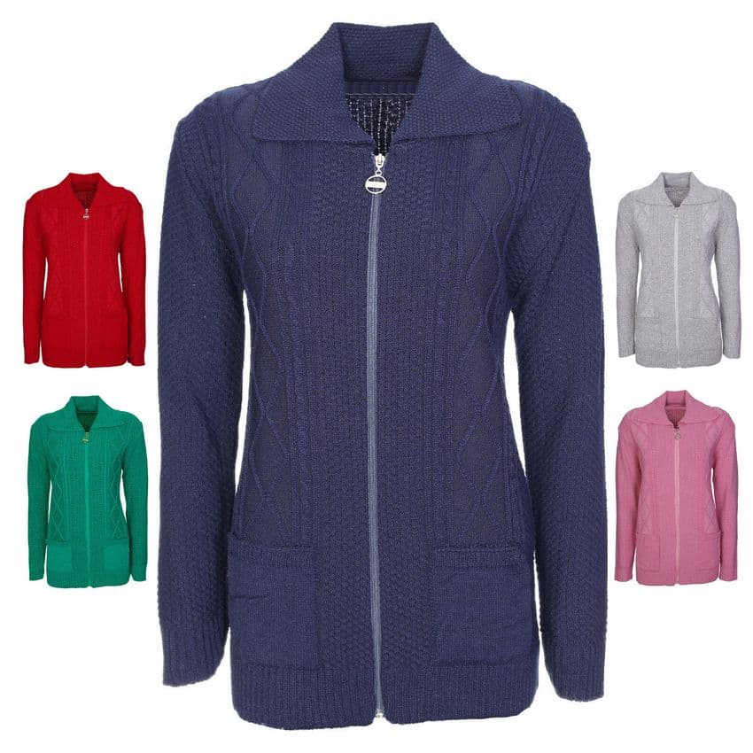 LONG SLEEVE CARDIGAN ZIP CABLE KNITTED POCKETS WARM CLASSIC COLLARS & 5 COLOURS