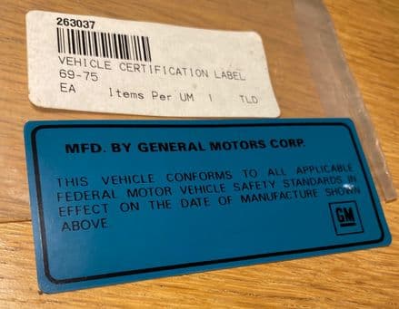 1969-1975 Corvette blue  Certification Label . Essential in some countries for registration.