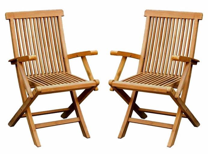 Charles Bentley Pair Of Solid Wooden Teak Garden Outdoor Folding Arm Chairs