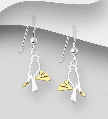 925 Sterling Silver Bird Drop Earrings, With18ct  Yellow Gold
