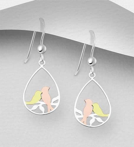 925 Sterling Silver Bird Earrings With 18K Yellow Gold & Pink Gold