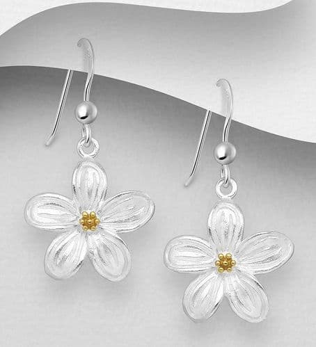 925 Sterling Silver Flower Drop Earrings,  With 18ct Yellow Gold