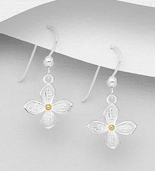 925 Sterling Silver Flower Drop Earrings, with 18K Yellow Gold