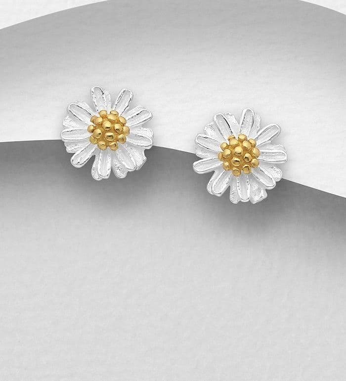 925 Sterling Silver Flower  Earrings, With 18ct Yellow Gold