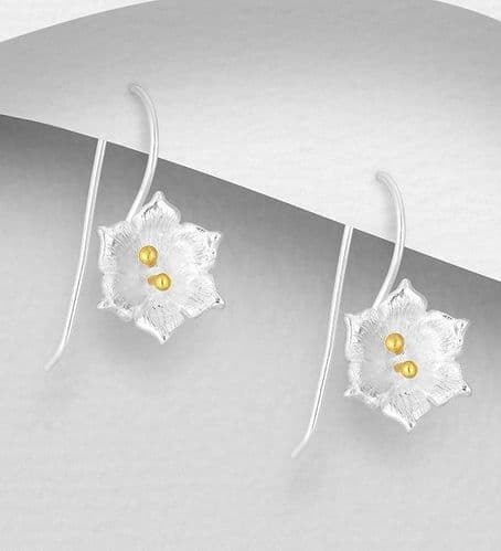 925 Sterling Silver Flower Hook Earrings, with 18K Yellow Gold