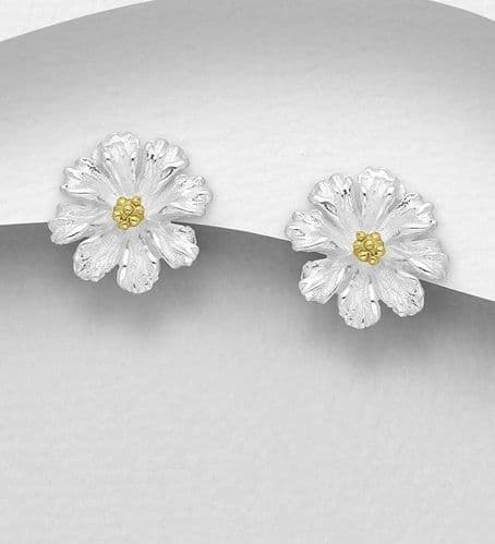 925 Sterling Silver Flower Stud Earrings With 18K Yellow Gold