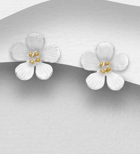 925 Sterling Silver Flower Stud Earrings, with 18K Yellow Gold