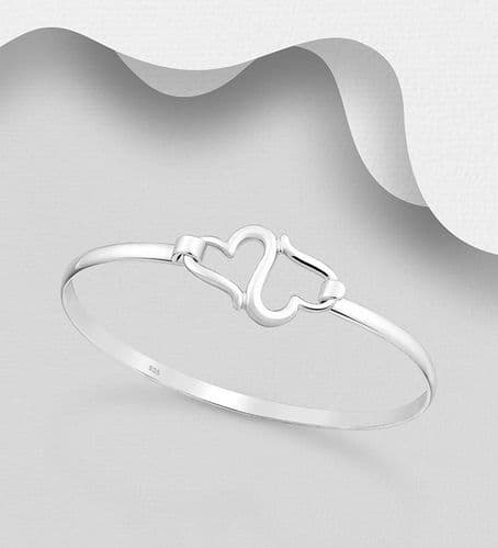 925 Sterling Silver Hand Crafted Double Heart Bangle That Opens
