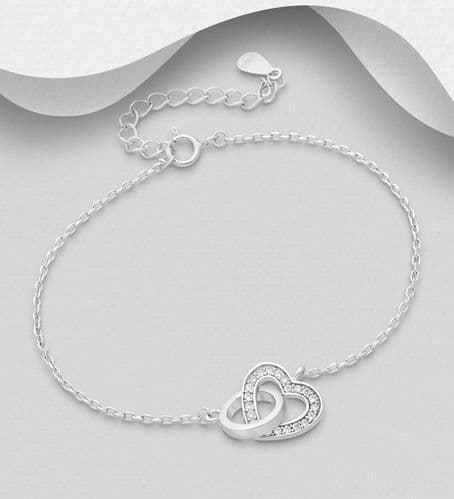 925 Sterling Silver Heart Links Bracelet Decorated with CZ Simulated Diamonds