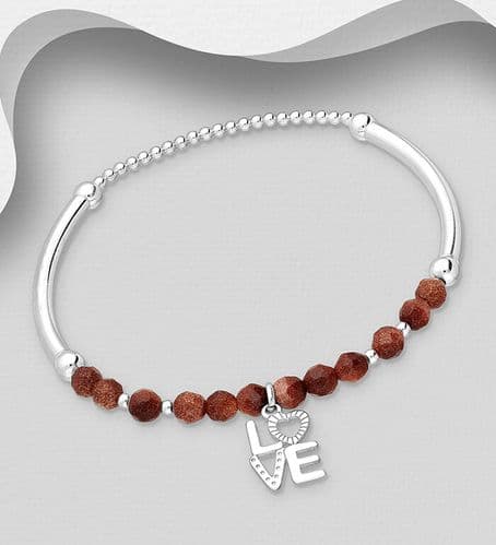 925 Sterling Silver Ball and "LOVE" Bracelet, Beaded with Brown Sandstone