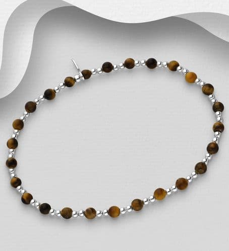 925 Sterling Silver Ball Elastic Bracelet, Set with Tigers Eye Beads