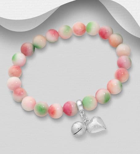 925 Sterling Silver Bell and Heart Bracelet, Beaded with Candy Jade Beads