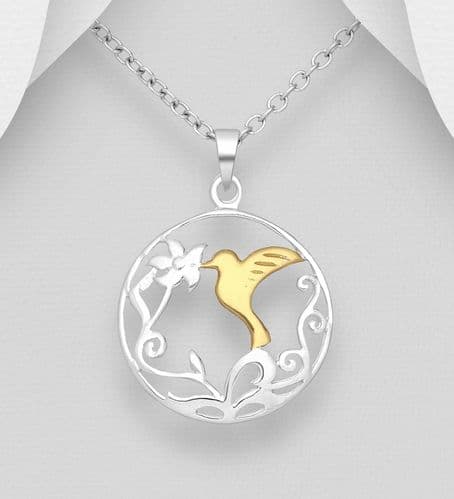 925 Sterling Silver Bird and Leaf Pendant and Chain With 18ct Gold 