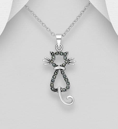 925 Sterling Silver Cat Pendant & Chain Decorated With Marcasite