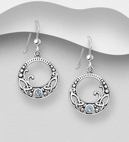 925 Sterling Silver Celtic Hook Earrings,  Set with Various Gemstones  - Choose your own Colour
