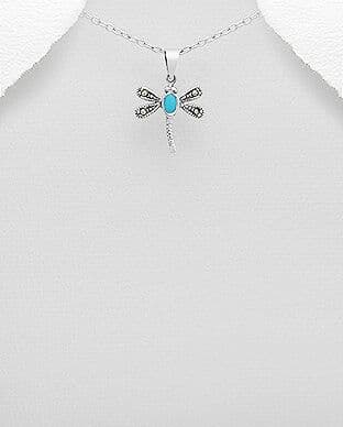 925 Sterling Silver Dragonfly Pendant Decorated With Marcasite and Reconstructed Turquoise and Resin