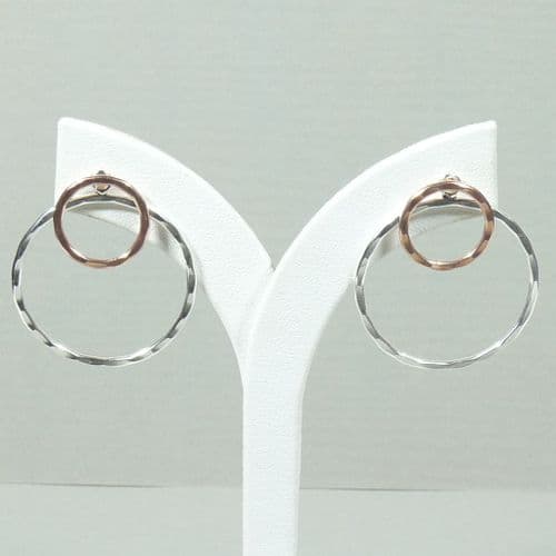 925 Sterling Silver Drop Double Circle Earrings with 18ct Yellow Gold