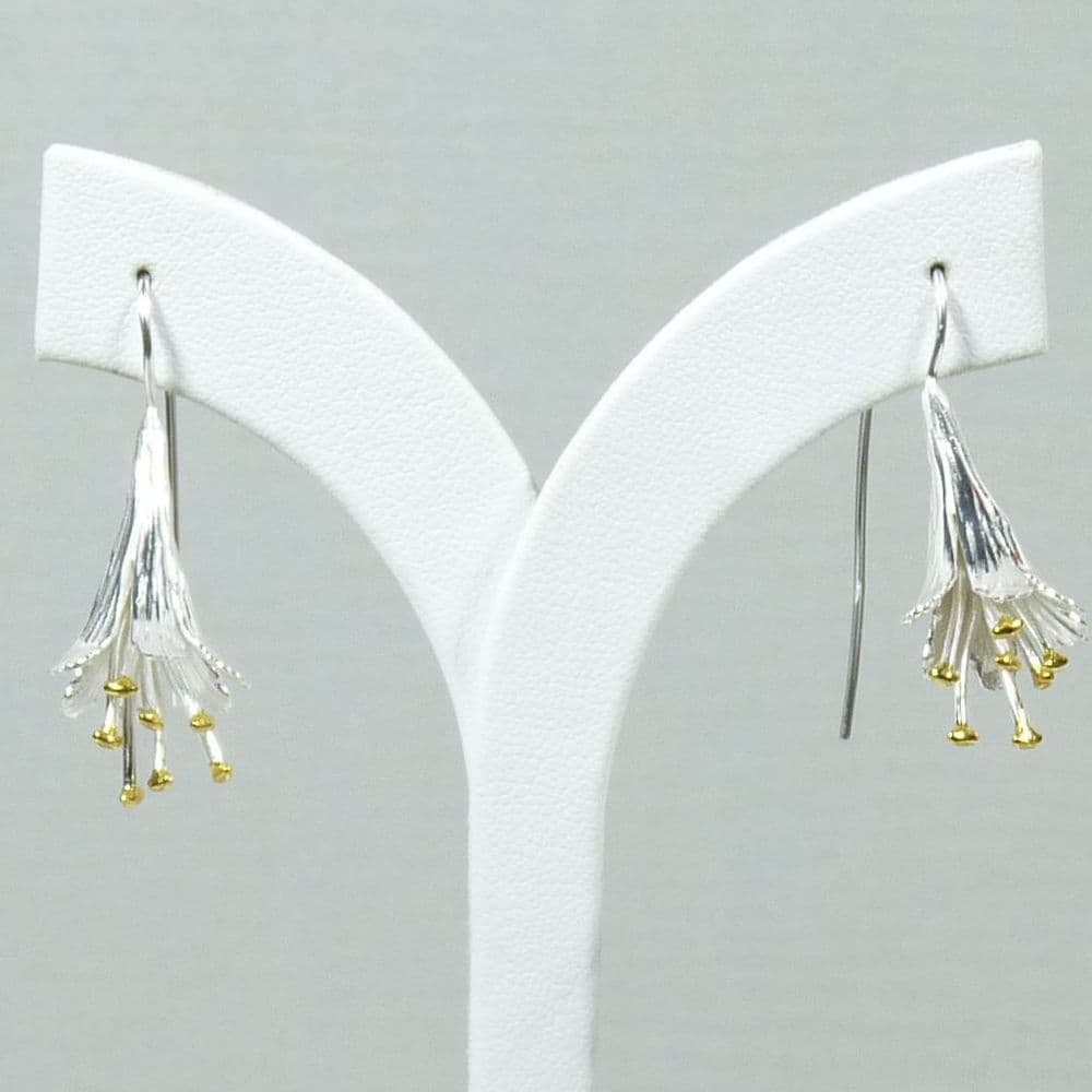 925 Sterling Silver Drop Flower  Earrings with 18ct Yellow Gold